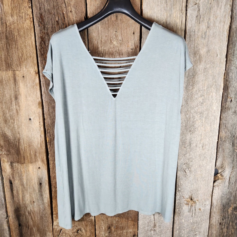 American Eagle Soft & Sexy V-Neck Lattice Strappy Tee Sage Green XXL